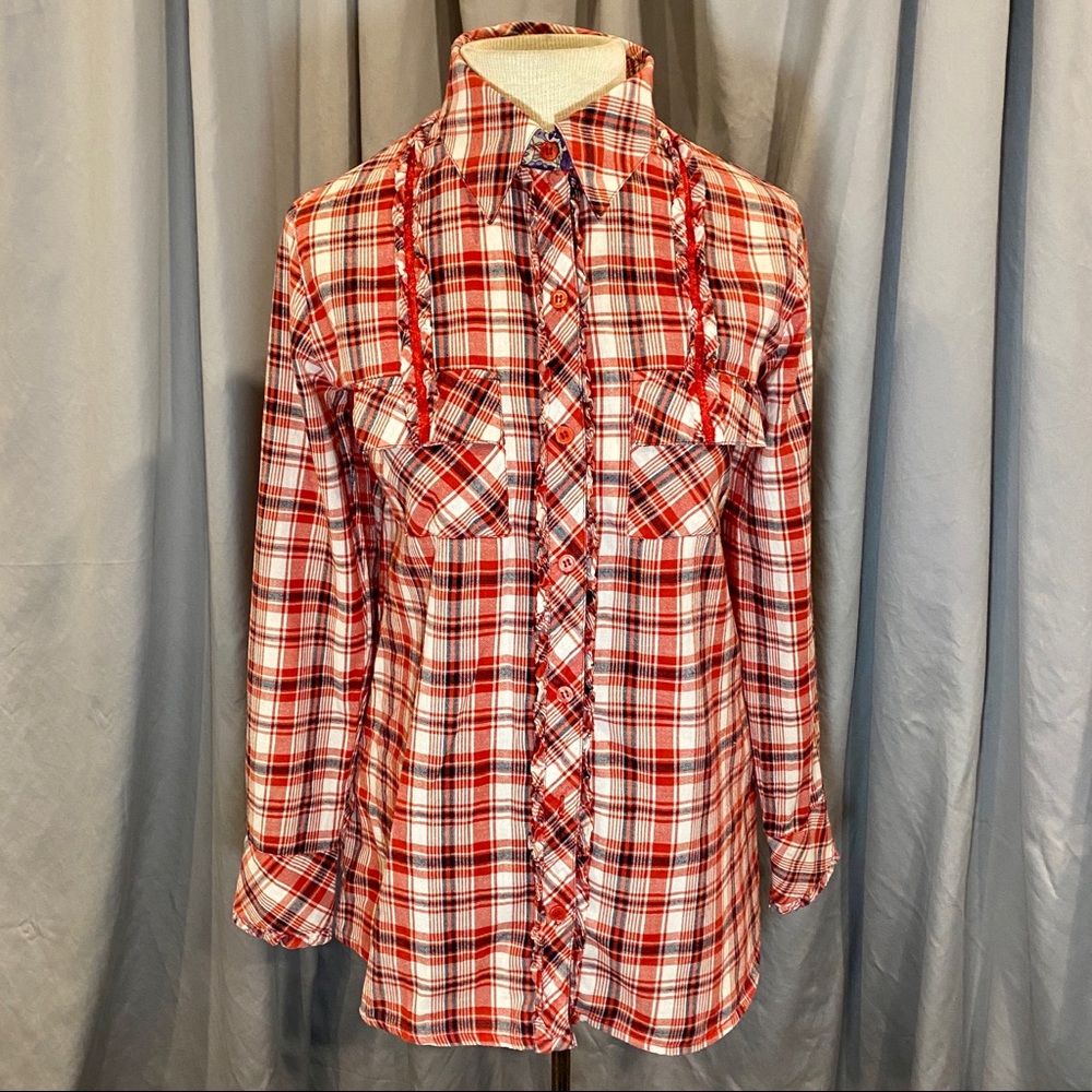 Plaid blouse in great condition. Colors include red, white, blue and purple.